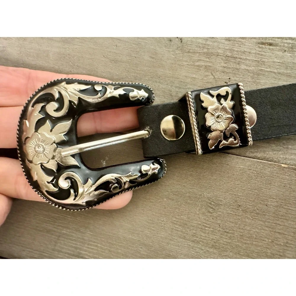 Genuine Black Leather Rhinestone Studded Bling Western Belt Buckle 36